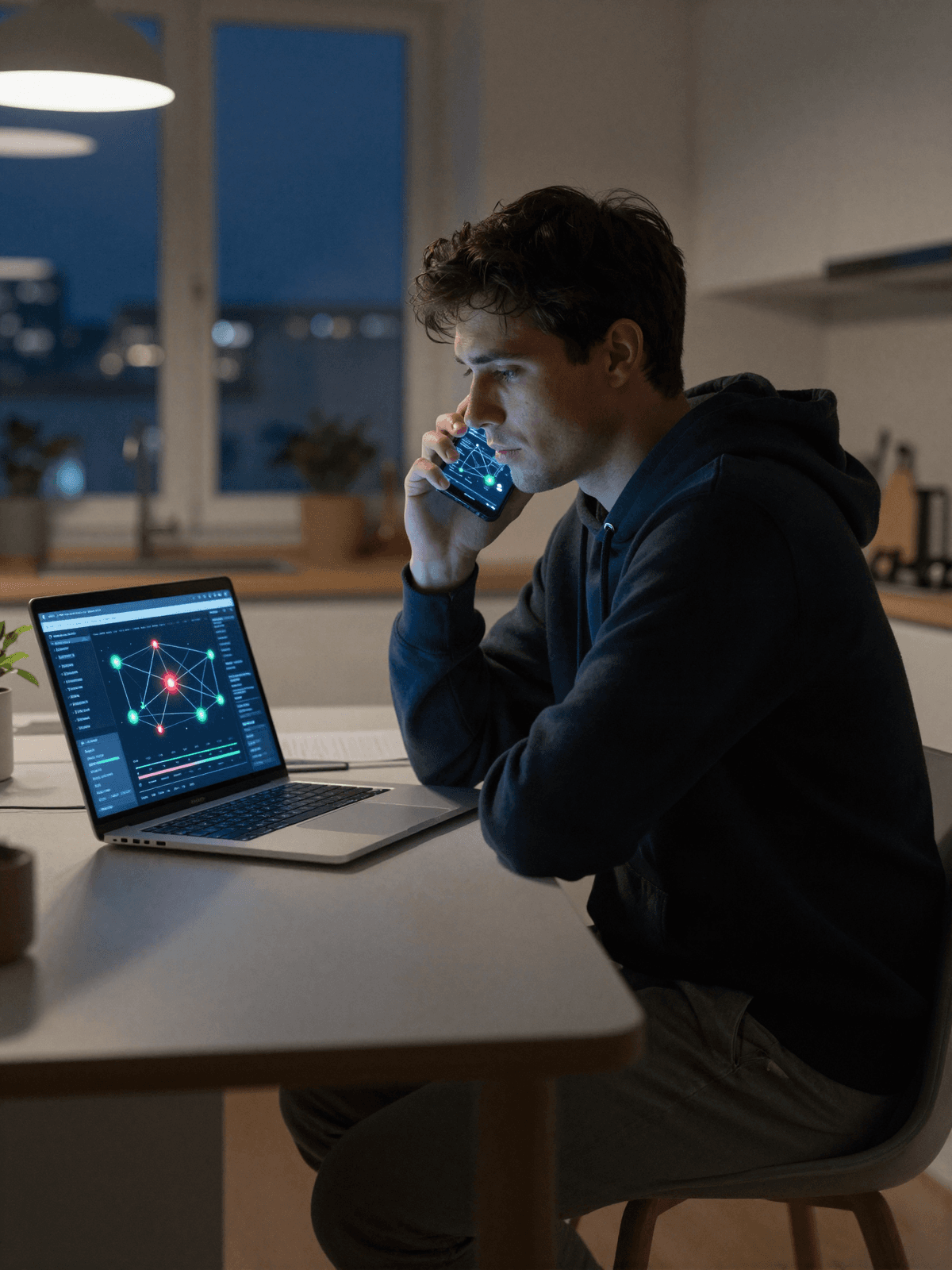 An on-call engineer at home at night answering a phone call beside a laptop showing a live service map