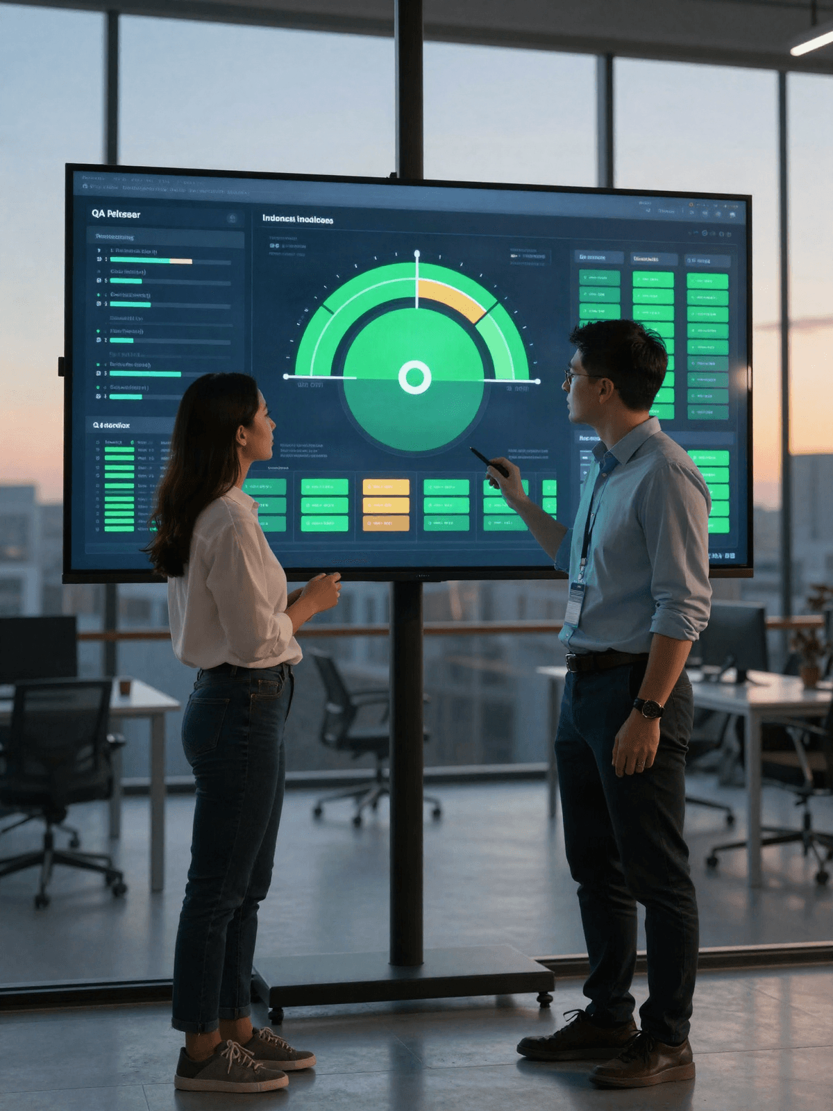A QA lead and an engineering manager reviewing release readiness on a large testing dashboard in an office at dusk